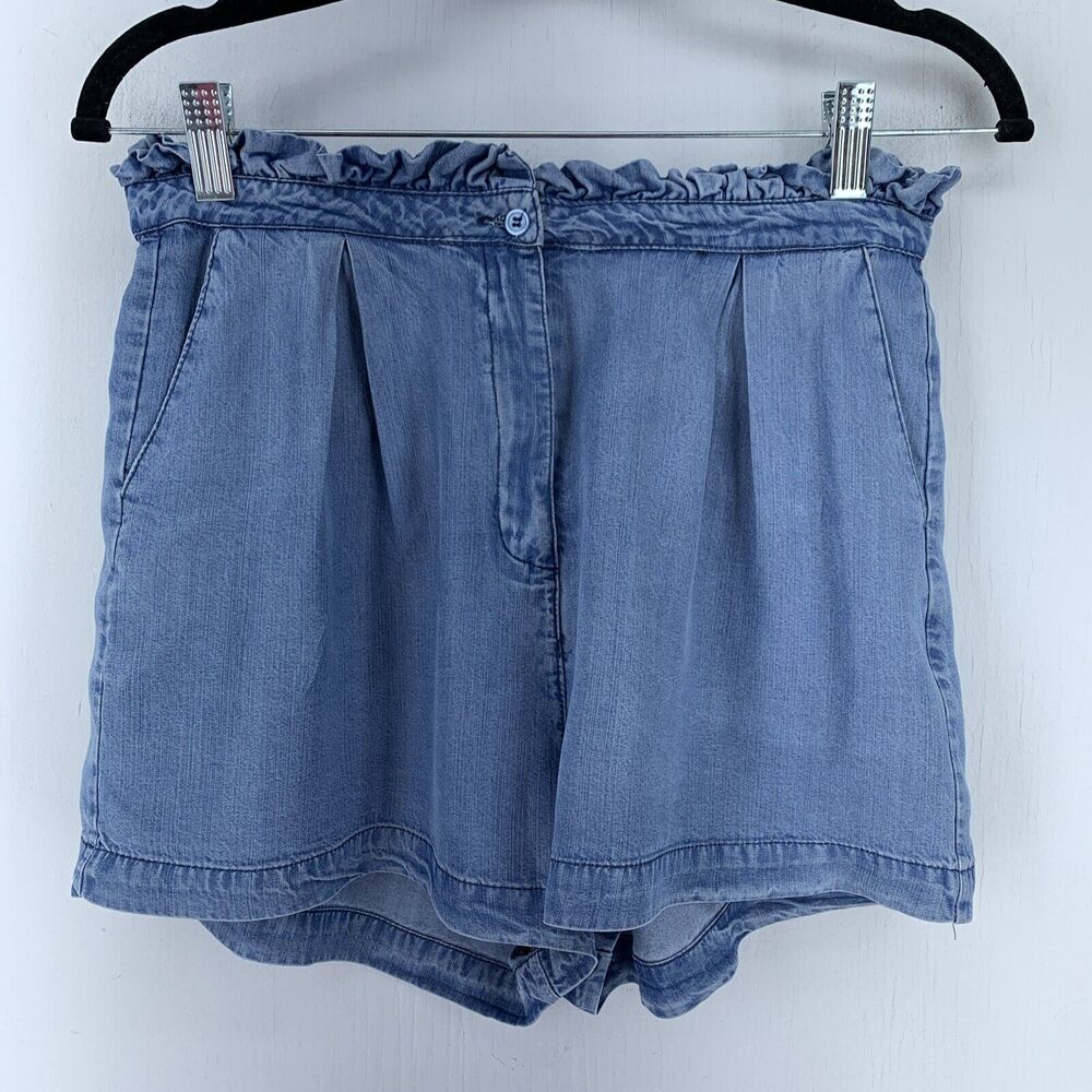 The Room Women S Chambray Denim Shorts Ruffles Paper bag High Waist Festival 1”